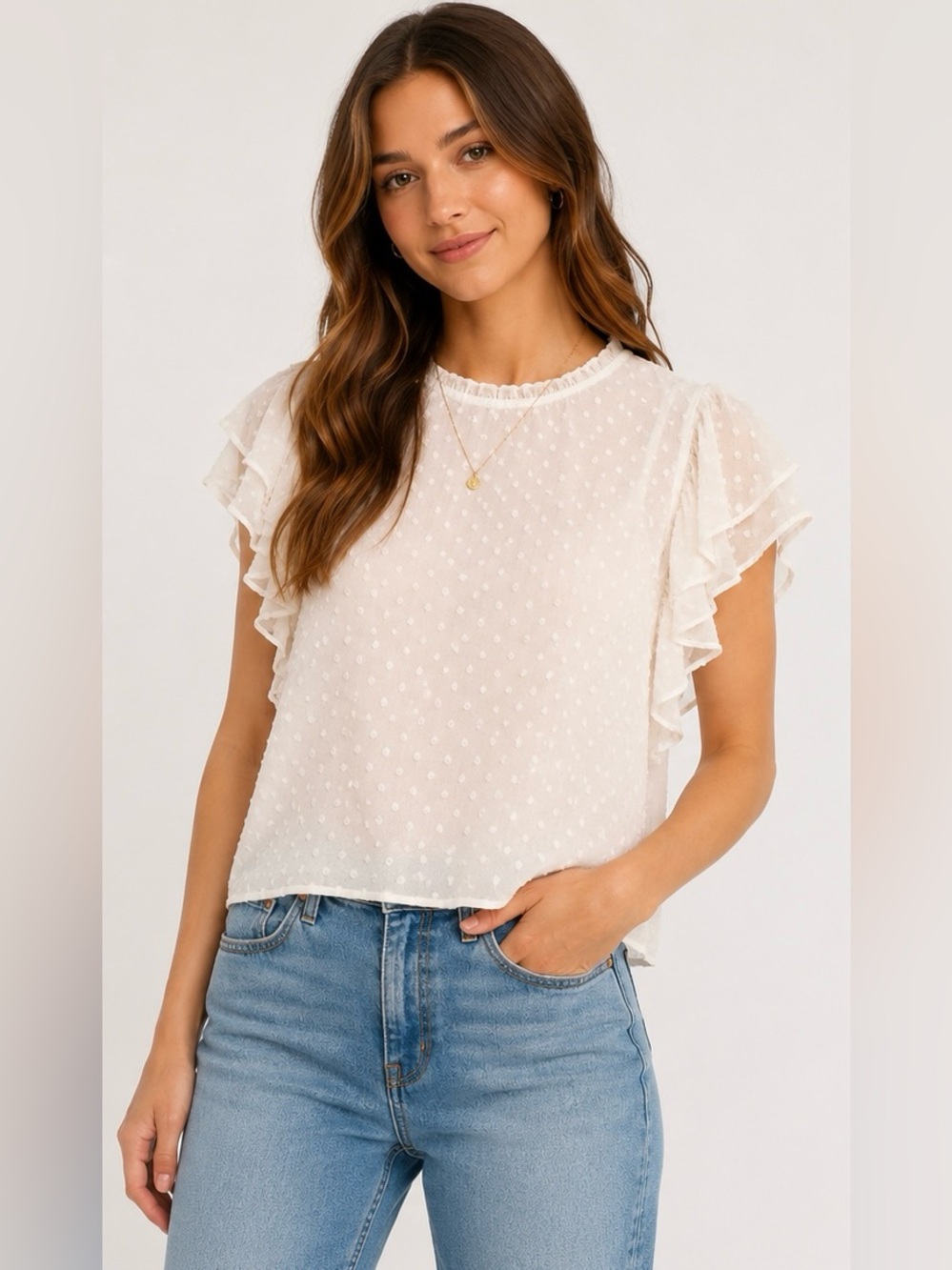 STATE Cream Swiss Dot Ruffle Sleeve Blouse